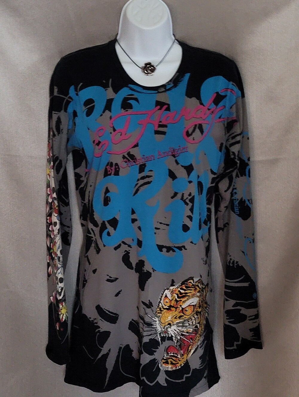 Ed Hardy Black, Gray, Blue & Pink Long Sleeve Graphic Tee